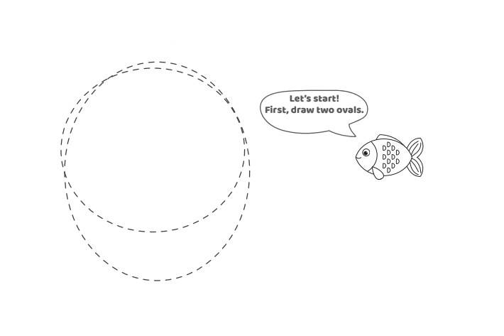 Étape 1 - Comment dessiner un dauphin - Blog d'activités pour enfants - Texte : Commençons ! Tout d’abord, dessinez deux ovales.