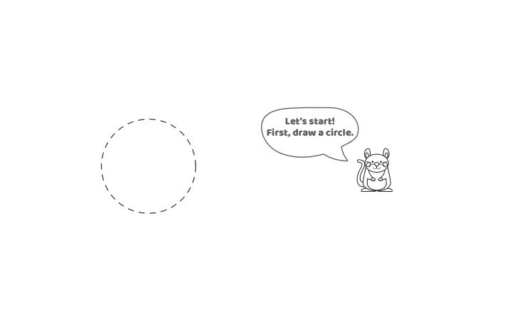 Comment dessiner un éléphant - Étape 1 - Texte : Commençons ! Tout d’abord, dessinez un cercle.