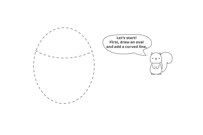 Comment dessiner un renard - Étape 1 - Texte : Commençons !  Tout d’abord, dessinez un ovale et ajoutez une ligne courbe.
