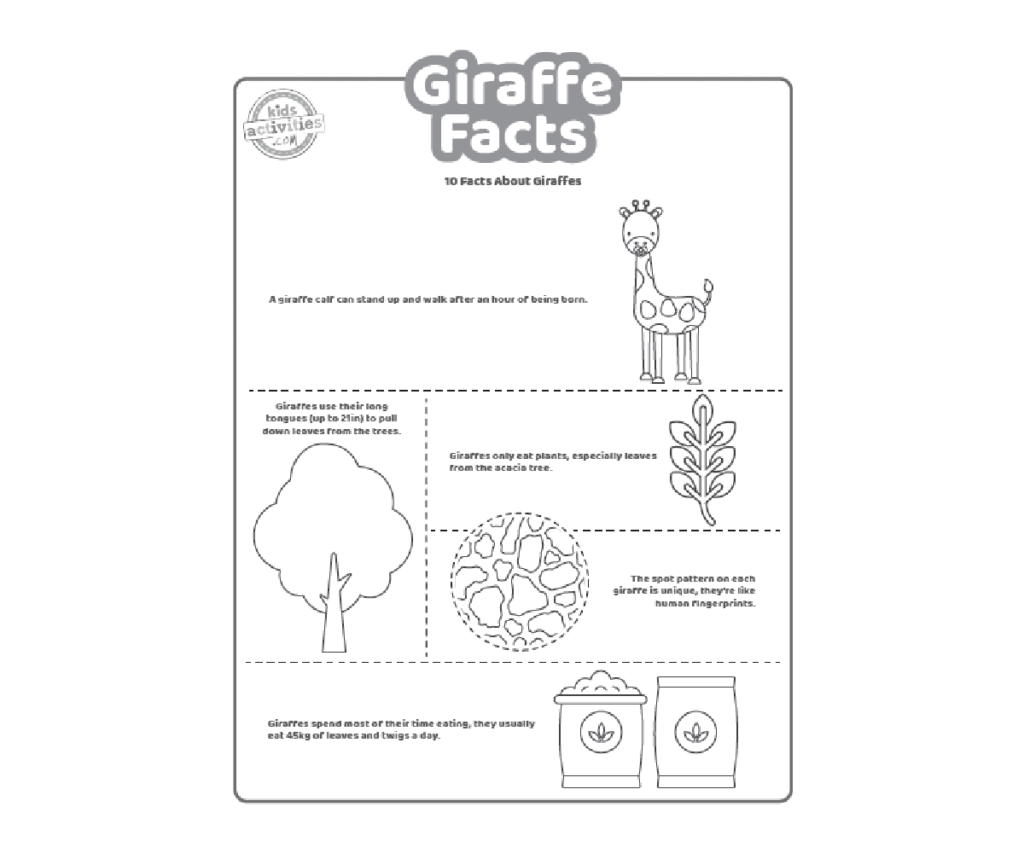 Faits sur la girafe fichier pdf imprimé, première page affichée en noir et blanc avec 5 faits intéressants pour les enfants sur les méduses