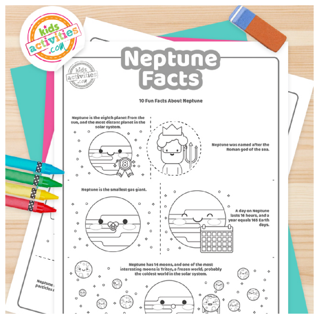 Neptune Facts fichier pdf imprimé, première page affichée en noir et blanc avec 5 faits intéressants pour les enfants sur Neptune