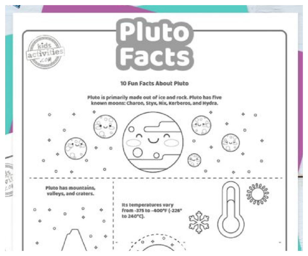 Les faits sur Pluton ont imprimé la première page du fichier PDF affiché en noir et blanc avec 5 faits intéressants pour les enfants sur Pluton