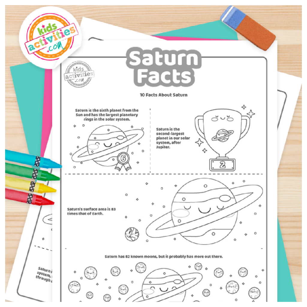 Saturn Facts fichier pdf imprimé, première page affichée en noir et blanc avec 5 faits intéressants pour les enfants sur Saturne
