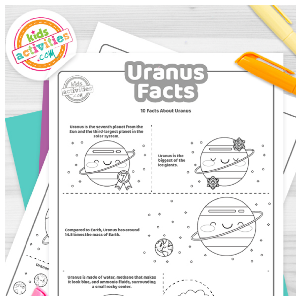 Les faits sur Uranus ont imprimé la première page du fichier PDF affiché en noir et blanc avec 5 faits intéressants pour les enfants sur Uranus