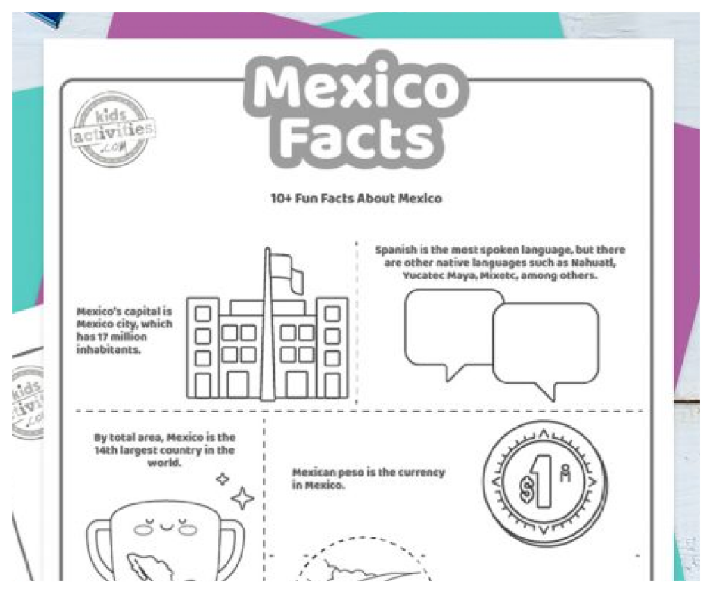 Les faits sur le Mexique ont imprimé la première page du fichier PDF affiché en noir et blanc avec 5 faits intéressants pour les enfants sur le Mexique