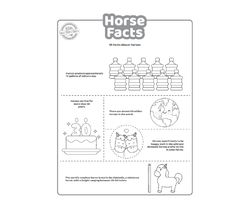 Fichier pdf imprimé de faits sur les chevaux, première page affichée en noir et blanc avec 5 faits intéressants pour les enfants sur les chevaux