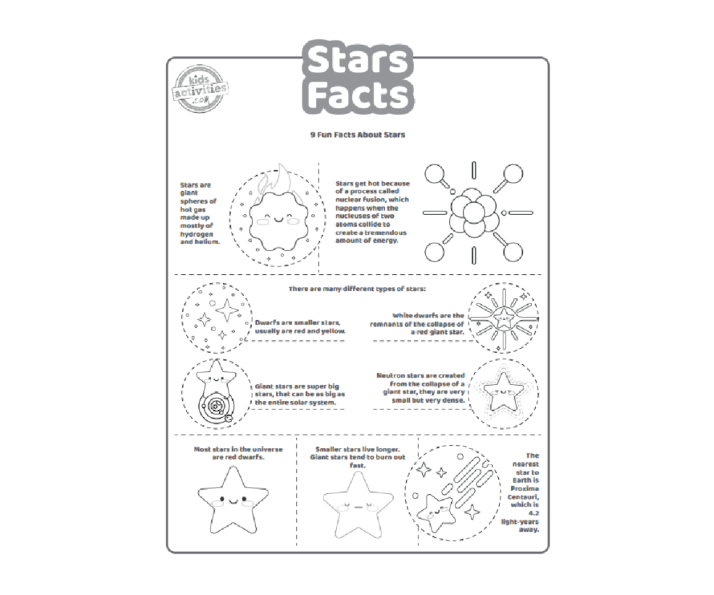 Fichier PDF imprimé Star Facts, première page affichée en noir et blanc avec 5 faits intéressants pour les enfants sur les étoiles