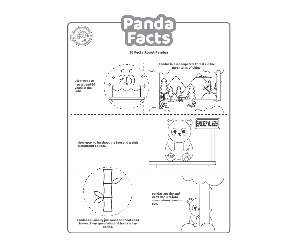 Panda imprimé fichier pdf, première page affichée en noir et blanc avec 5 faits intéressants pour les enfants sur le panda