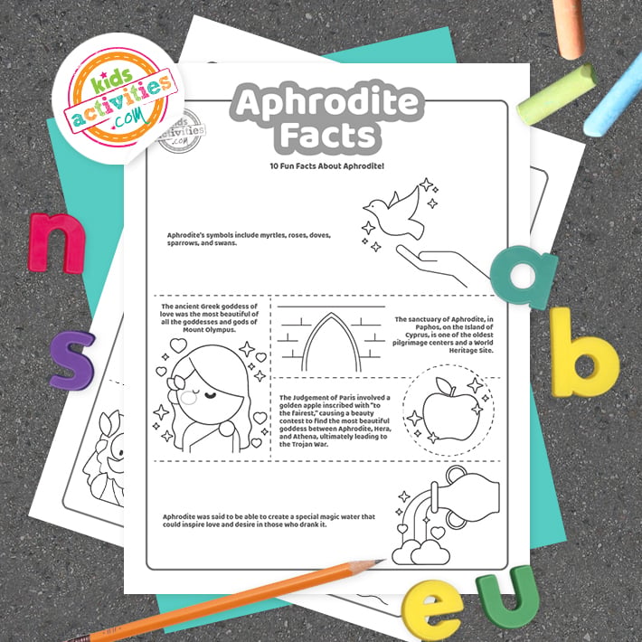 Pages à colorier en noir et blanc avec des faits sur Aphrodite posés sur une feuille bleu-vert avec des lettres multicolores sur fond gris.