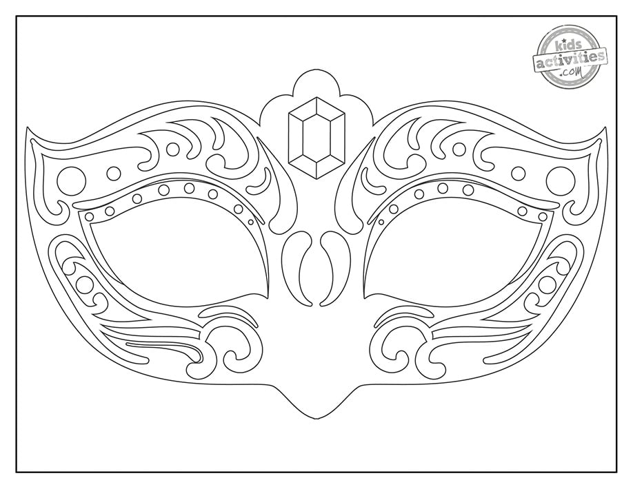 Pages à colorier de modèles de masques de mascarade imprimés en noir et blanc, réalisés avec des lignes simples.  Imprimable pour les enfants et les adultes.  version pdf imprimée du blog d'activités pour enfants. 
