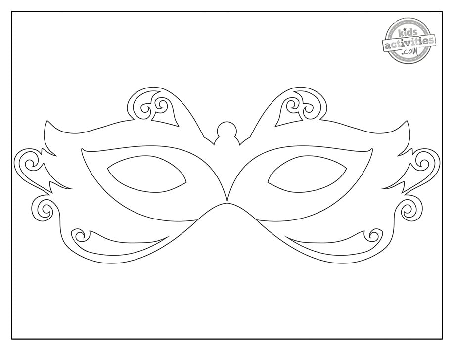 Pages à colorier de modèles de masques de mascarade imprimés en noir et blanc, réalisés avec des lignes simples.  Imprimable pour les enfants et les adultes.  version pdf imprimée du blog d'activités pour enfants. 