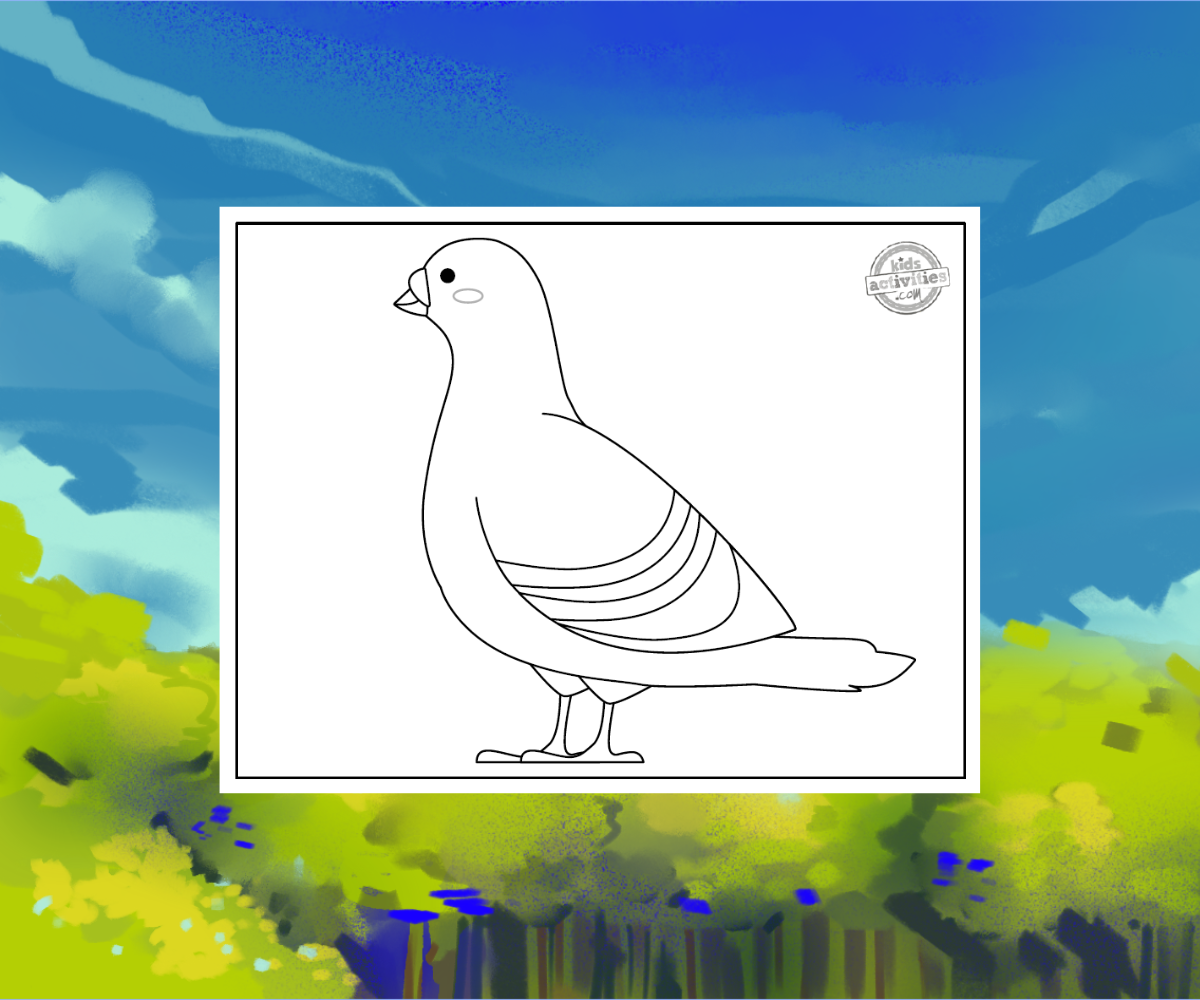 Coloriage Pigeon sur fond boisé et ciel - Blog d'activités pour enfants