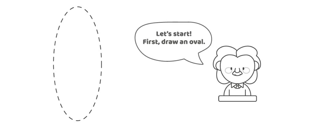 Première étape pour apprendre à dessiner un atome avec un joli dessin d'Einstein expliquant les instructions.