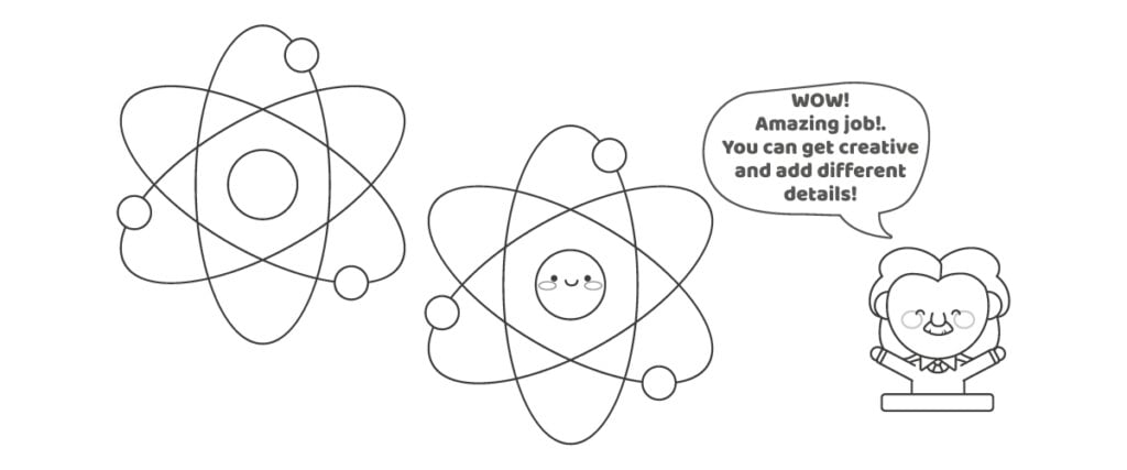 Sixième étape pour dessiner un atome avec un joli dessin d'Einstein expliquant les instructions.