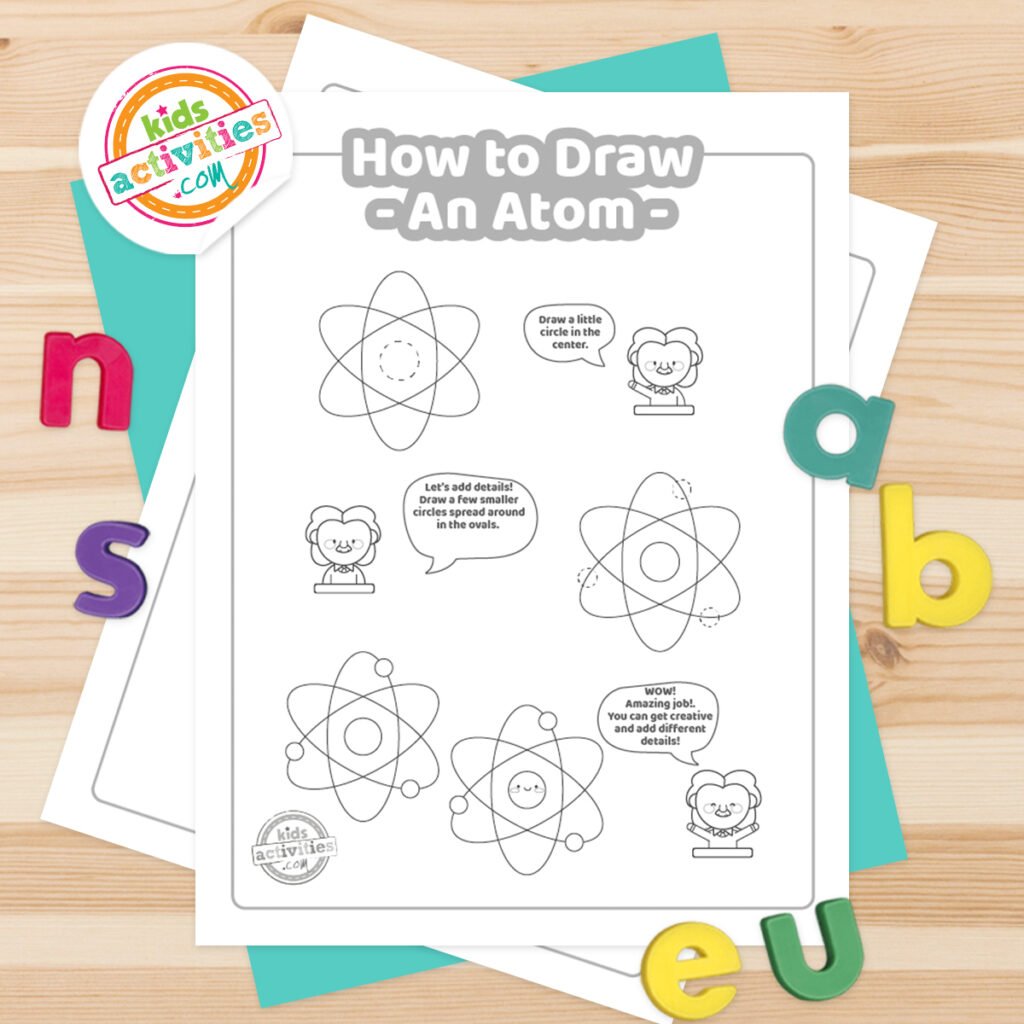 Pages à colorier en noir et blanc avec un tutoriel de dessin d'atomes posé sur une feuille bleu-vert avec des crayons de couleur multicolores sur fond marron.