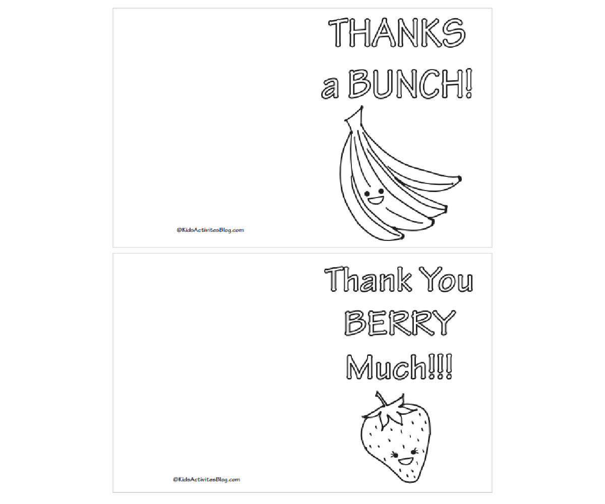 Cartes de remerciement imprimables gratuites pour les enfants - avec des fruits, des mots, un fichier pdf imprimé en noir et blanc - blog d'activités pour enfants