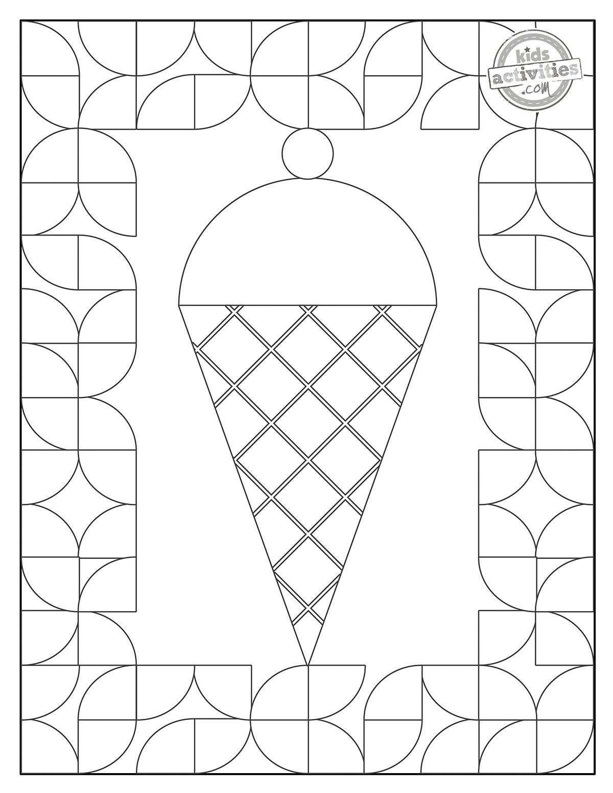 Coloriage d'art géométrique imprimé en noir et blanc, avec différentes formes géométriques, pour enfants et adultes. version pdf imprimée du blog d'activités pour enfants.