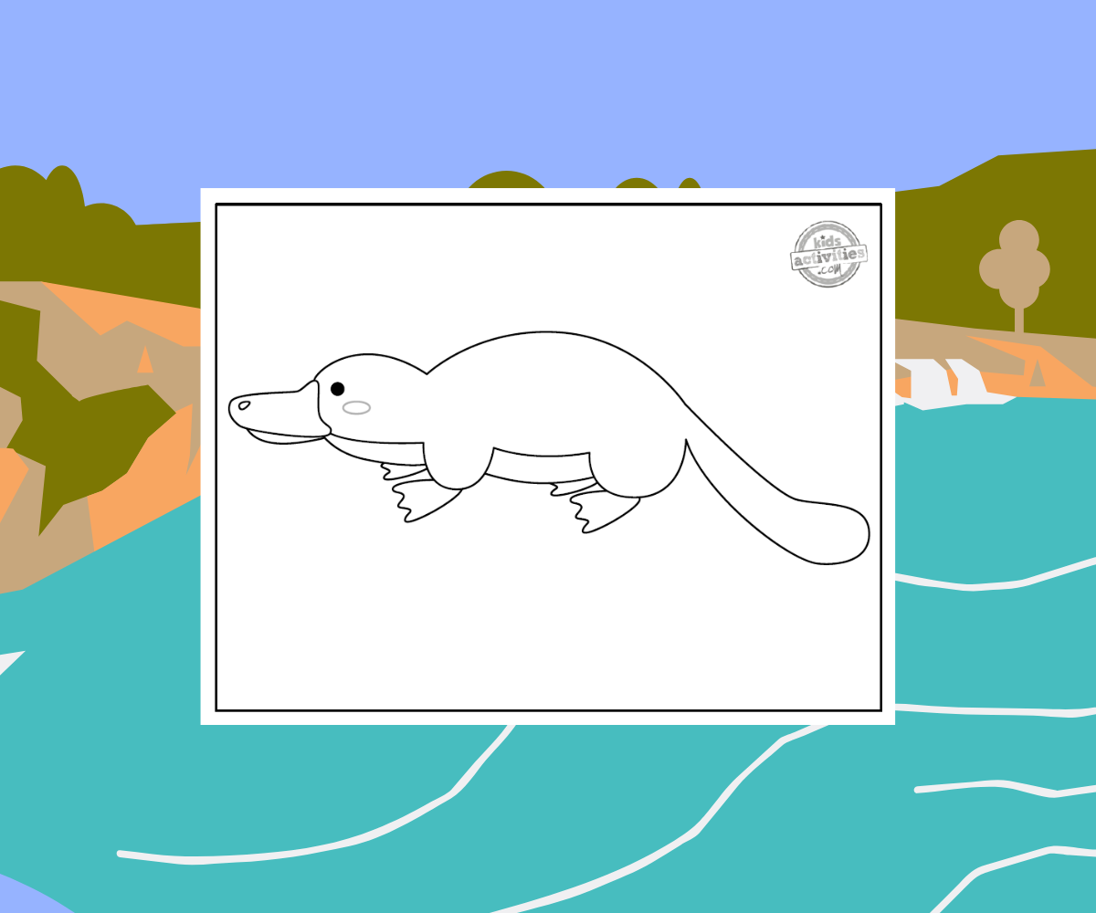 Feuille de coloriage d'ornithorynque sur fond de lac et de terre - blog d'activités pour enfants