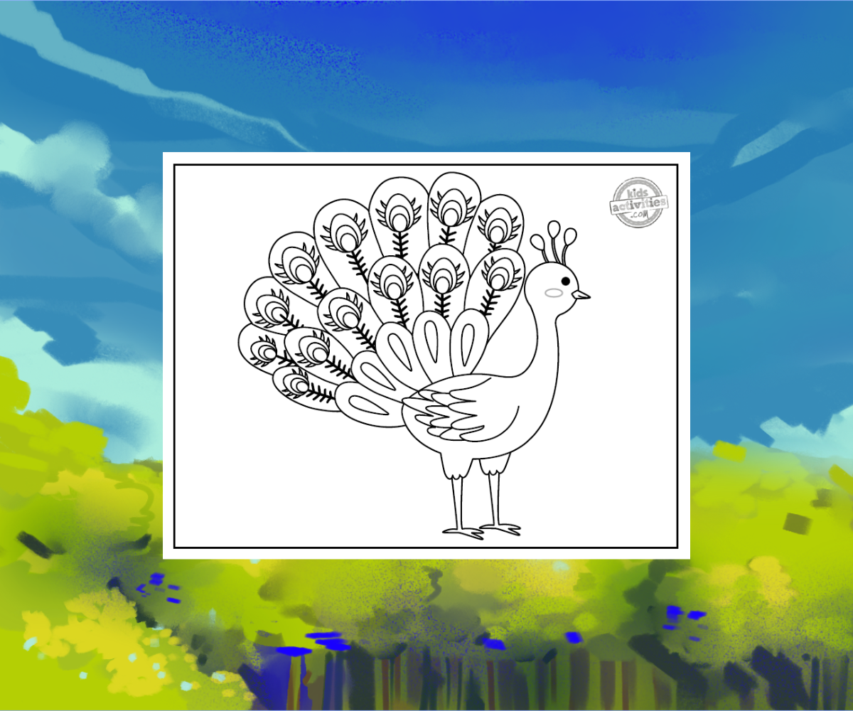 Feuille de coloriage Paon sur fond boisé avec ciel bleu - blog d'activités pour enfants