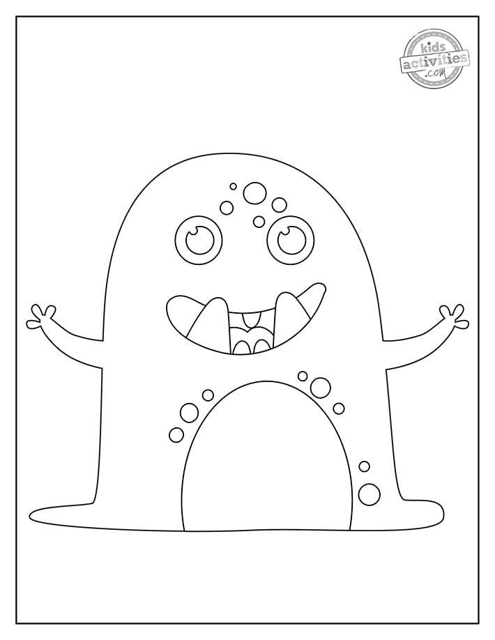 Deuxième coloriage de monstre imprimé en pdf avec un petit monstre souriant avec 2 dents et des taches