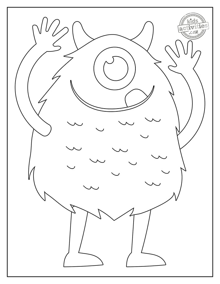 Coloriage de monstre imprimé en pdf monstre convivial avec une bouche, une dent, un globe oculaire et des cornes souriants, avec le logo du blog d'activités pour enfants