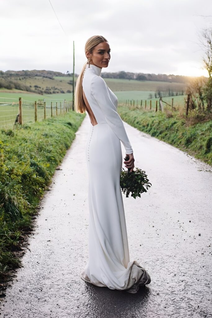 robe de mariée dos nu à manches longues et décolleté haut