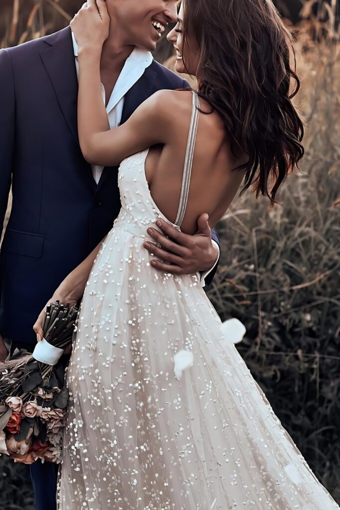 Robe de mariée élégante dos nu, parfaite pour l'après-fête