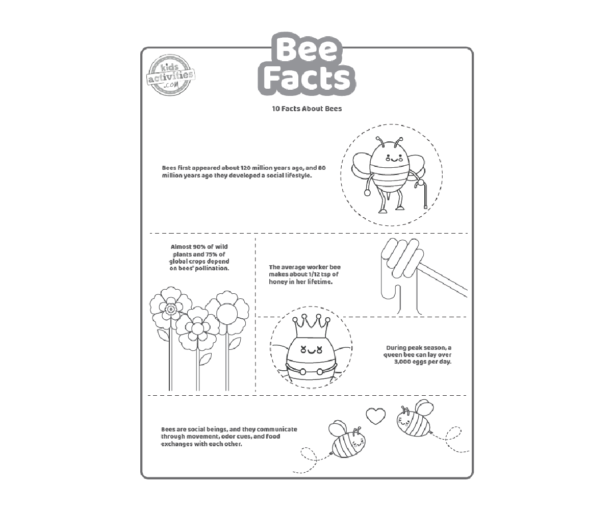 Fichier pdf imprimé de faits sur les abeilles, page deux affichée en noir et blanc avec 5 faits intéressants pour les enfants sur les abeilles