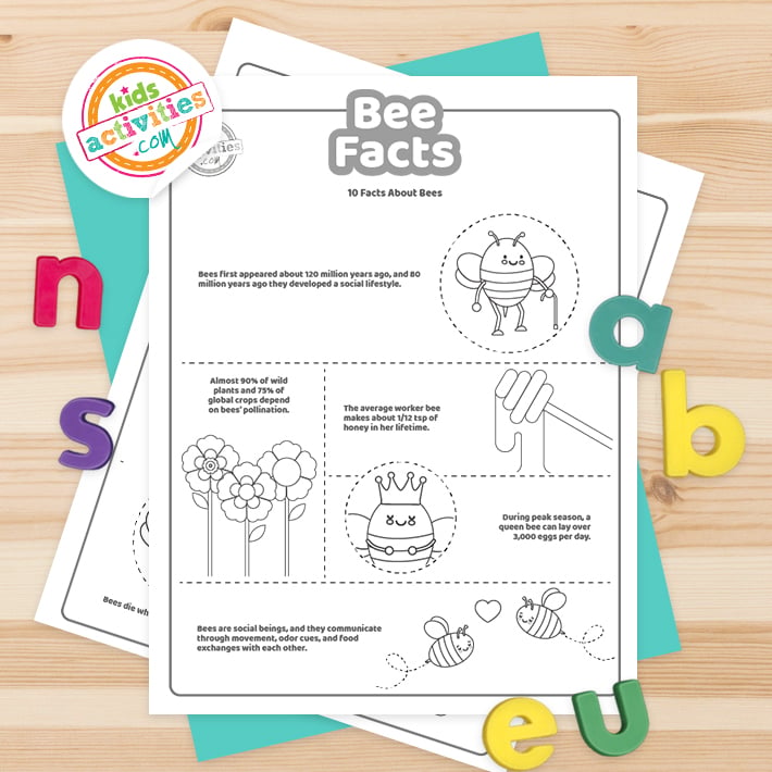 Pages imprimables sur les abeilles affichées sur fond sombre avec le logo du blog d'activités pour enfants et des accessoires colorés