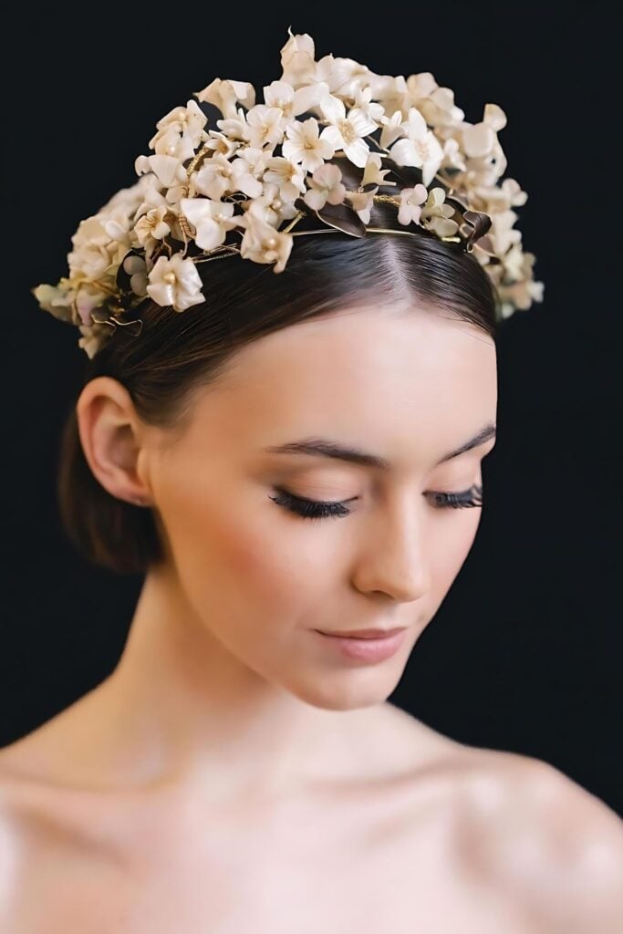 Coiffe de mariée couronne florale luxuriante