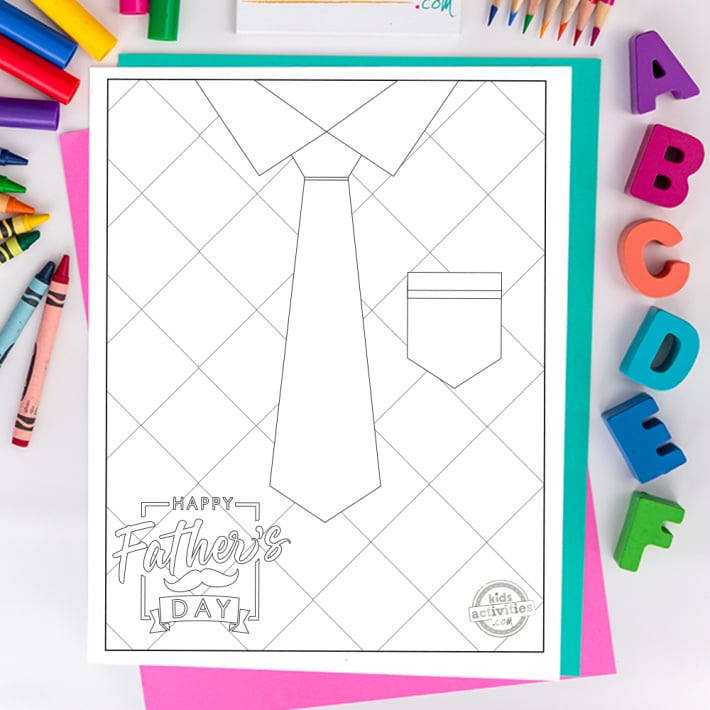 Page de coloriage de cravate pour la fête des pères pour les enfants qui dit Bonne fête des pères - Blog d'activités pour enfants - page de coloriage imprimée pdf présentée sur fond blanc avec des fournitures d'art