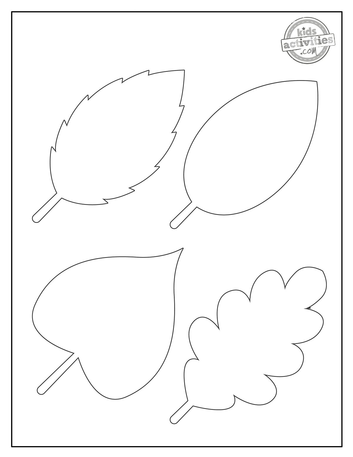 Modèles de feuilles imprimées en noir et blanc montrant différentes feuilles prêtes à être coupées pour les enfants et les adultes. version pdf imprimée du blog d'activités pour enfants.