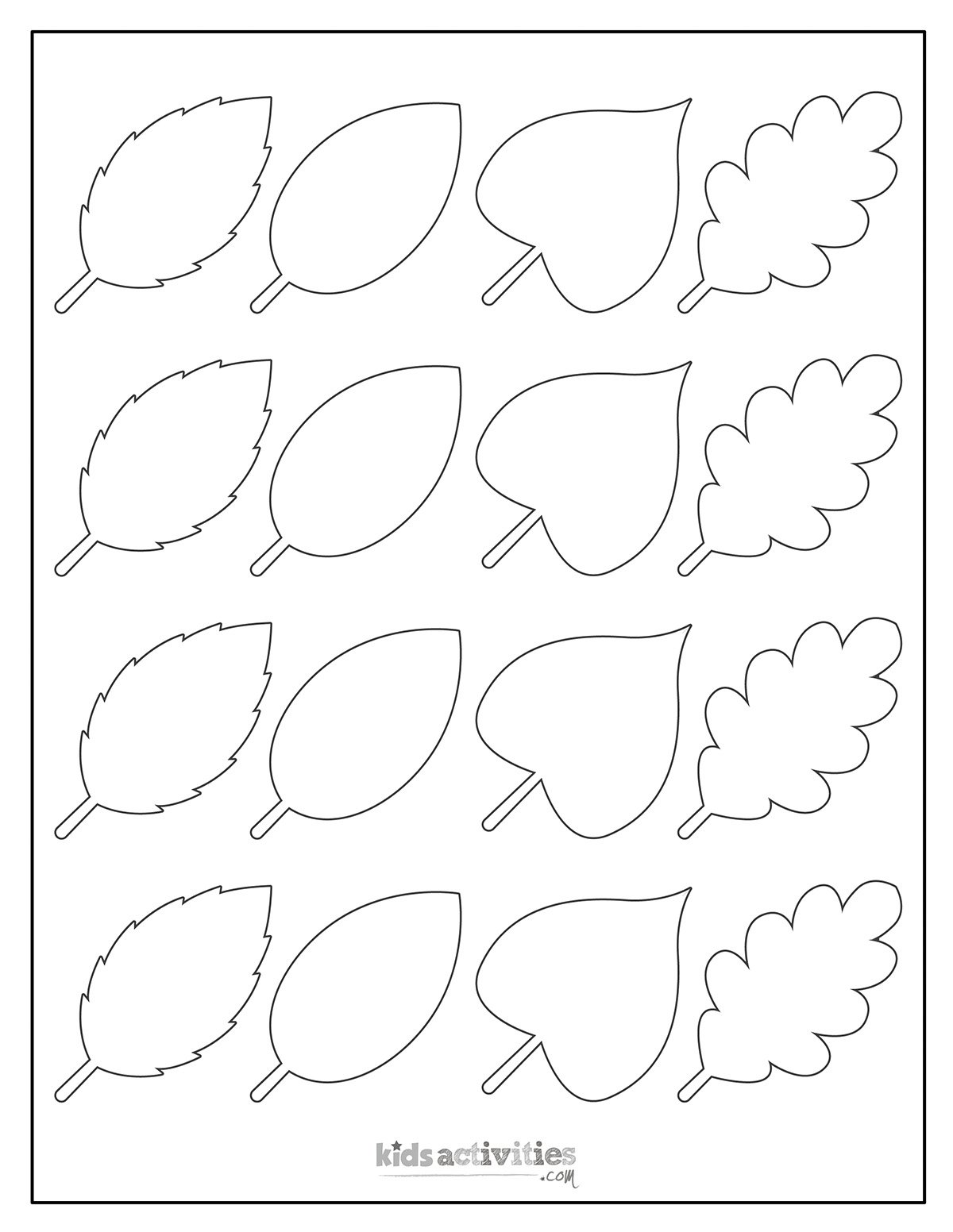 Modèles de feuilles imprimées en noir et blanc montrant différentes feuilles prêtes à être coupées pour les enfants et les adultes. version pdf imprimée du blog d'activités pour enfants.