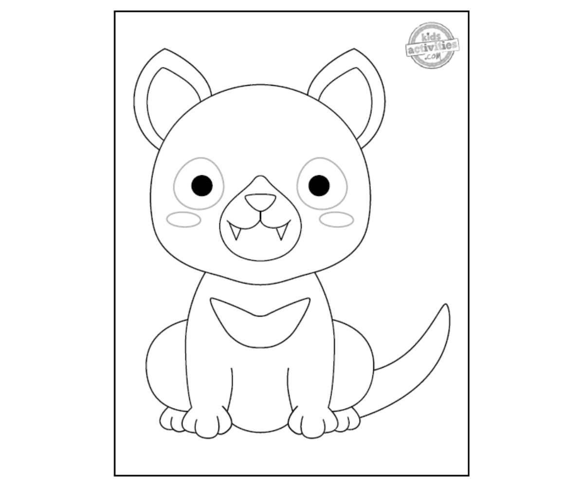 Coloriage du diable de Tasmanie, page à colorier en noir et blanc, fichier pdf imprimé, blog d'activités pour enfants