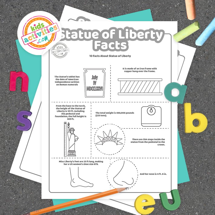 Pages imprimables de faits sur la Statue de la Liberté affichées sur fond sombre avec le logo du blog d'activités pour enfants et des accessoires colorés