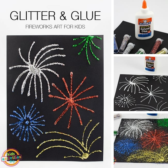 Collage d'art de feux d'artifice - Art de feu d'artifice terminé, étapes 1 et 2 du blog d'instructions - activités pour enfants