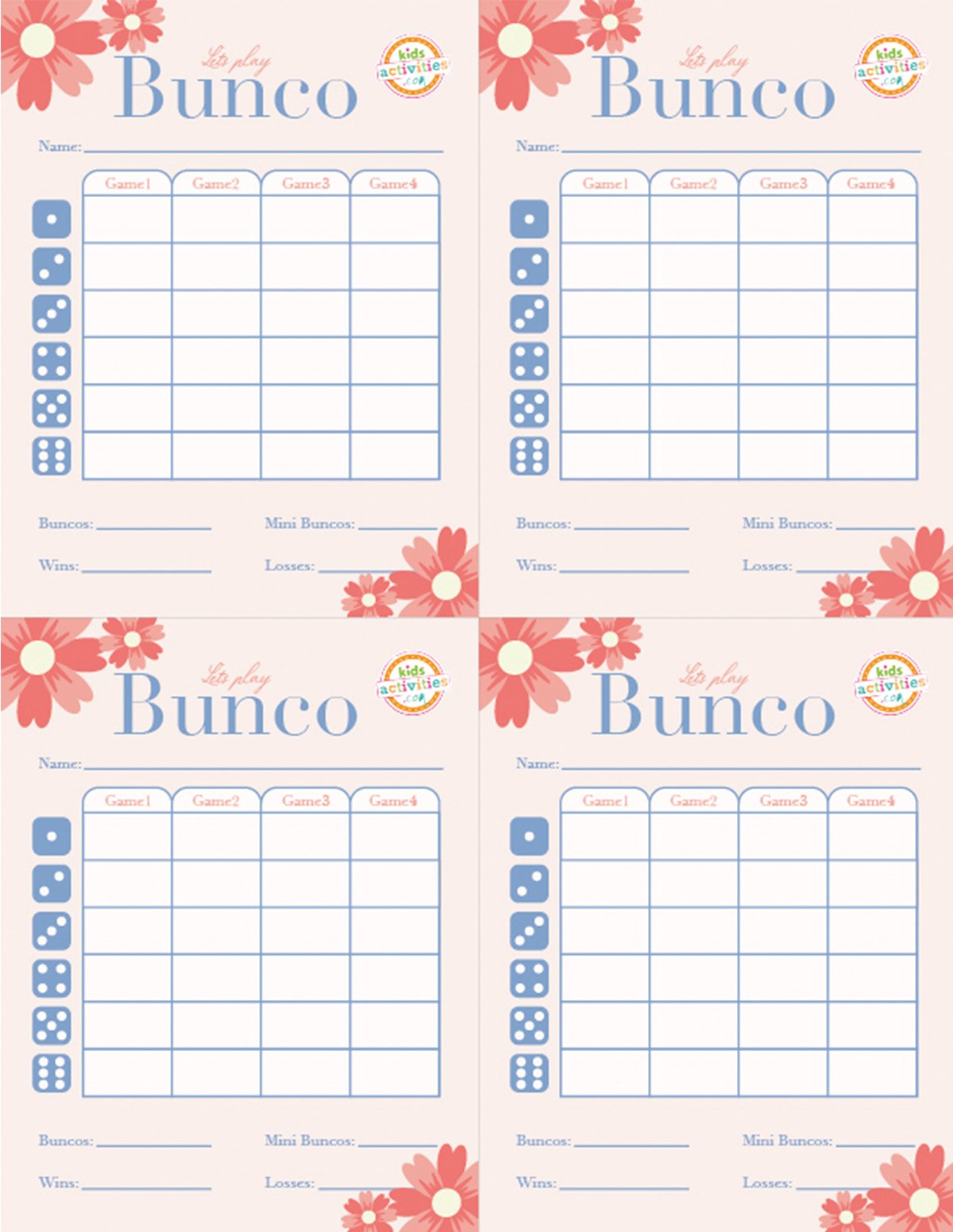 Feuille de score imprimable pour fête florale Bunco avec 4 colonnes et un espace pour écrire le nom.