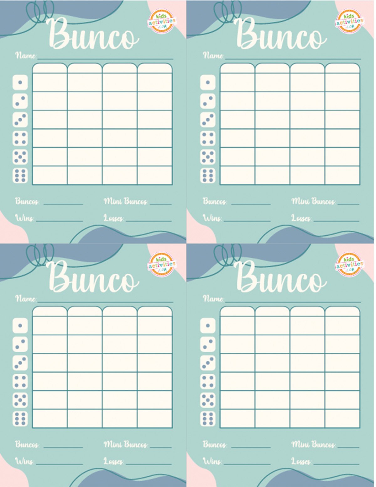 Feuille de score imprimable pour fête de bunco moderne avec 4 colonnes et un espace pour écrire le nom.