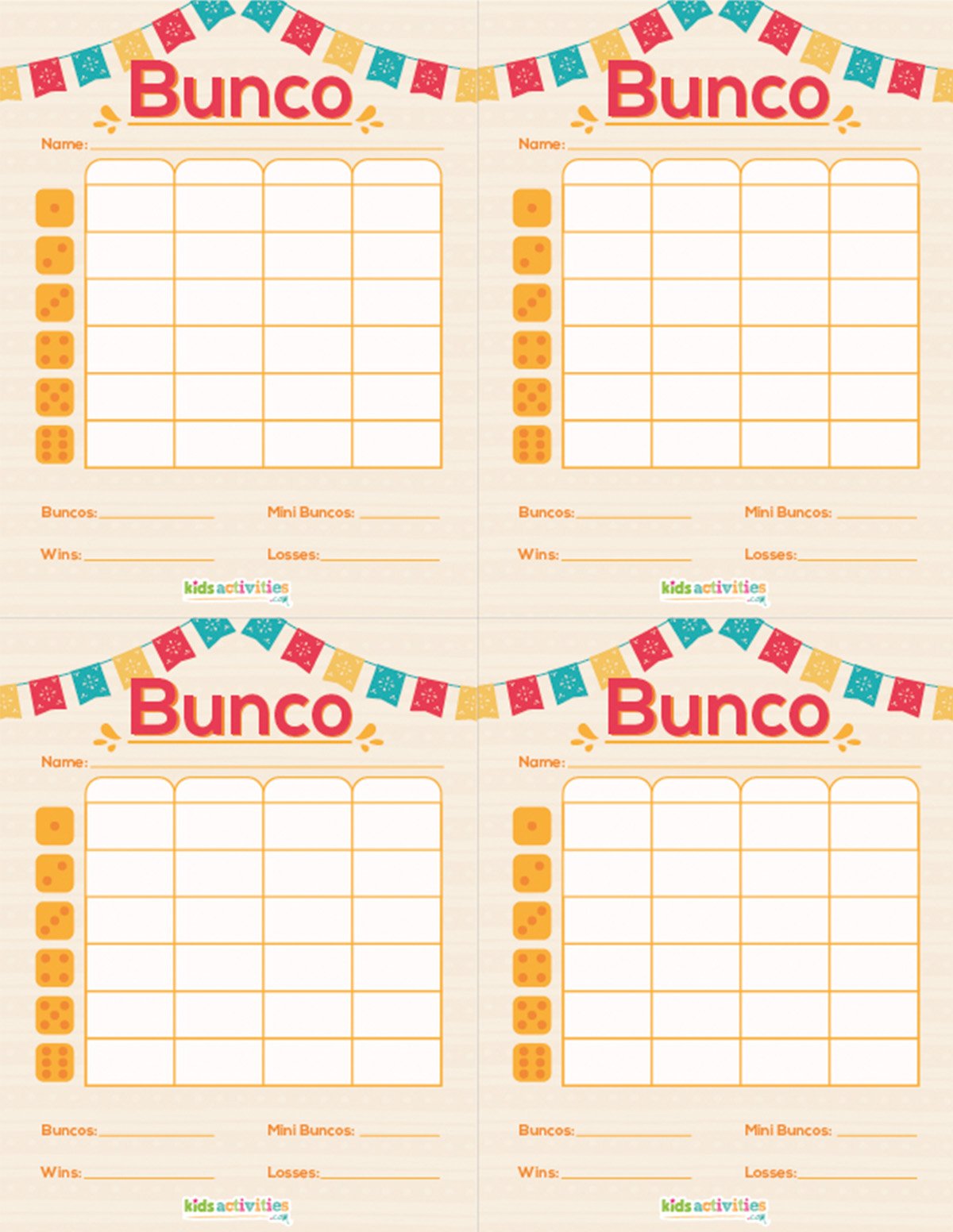 Feuille de score imprimable rétro Bunco Party avec 4 colonnes et un espace pour écrire le nom.