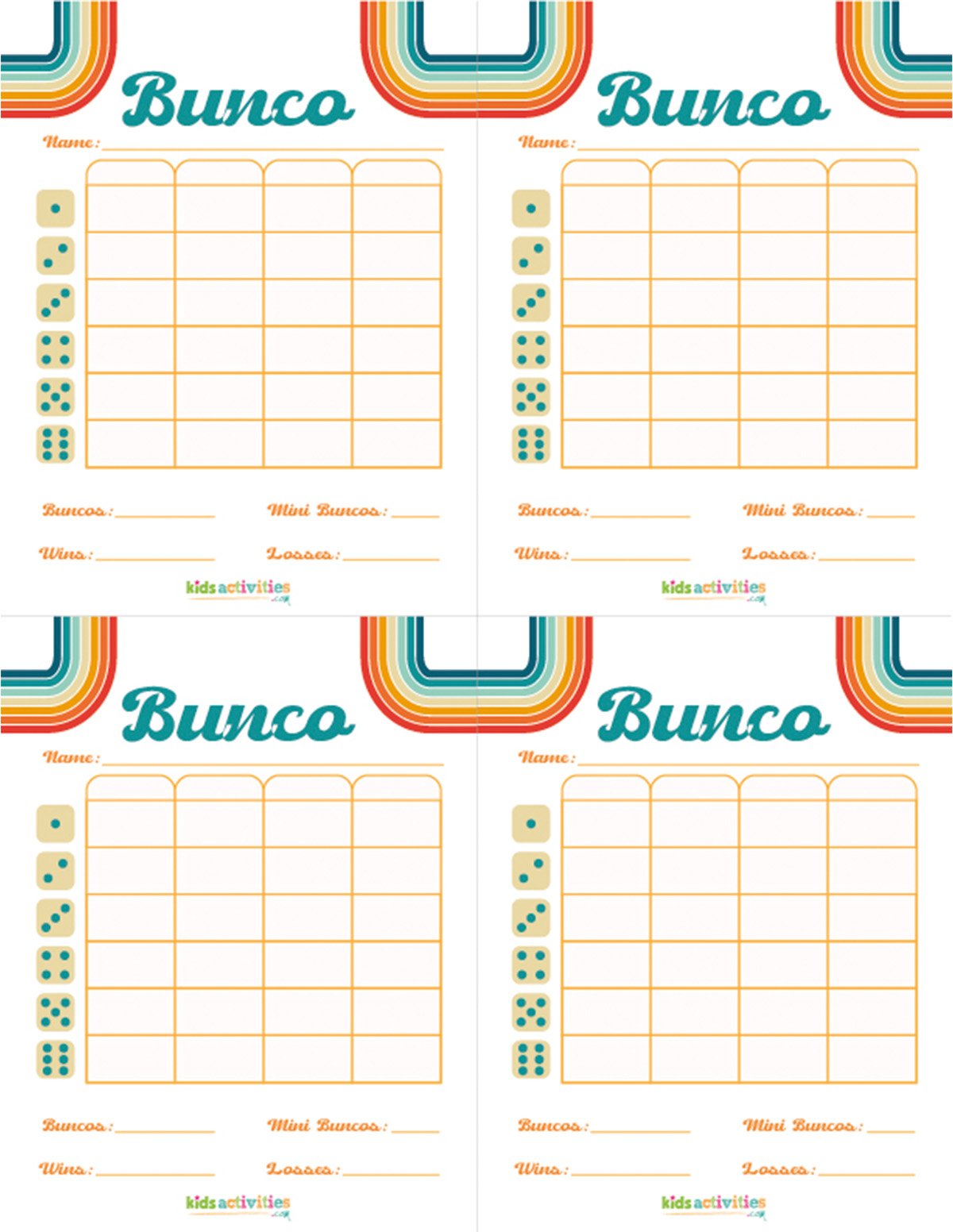 Feuille de score imprimable rétro Bunco Party avec 4 colonnes et un espace pour écrire le nom.