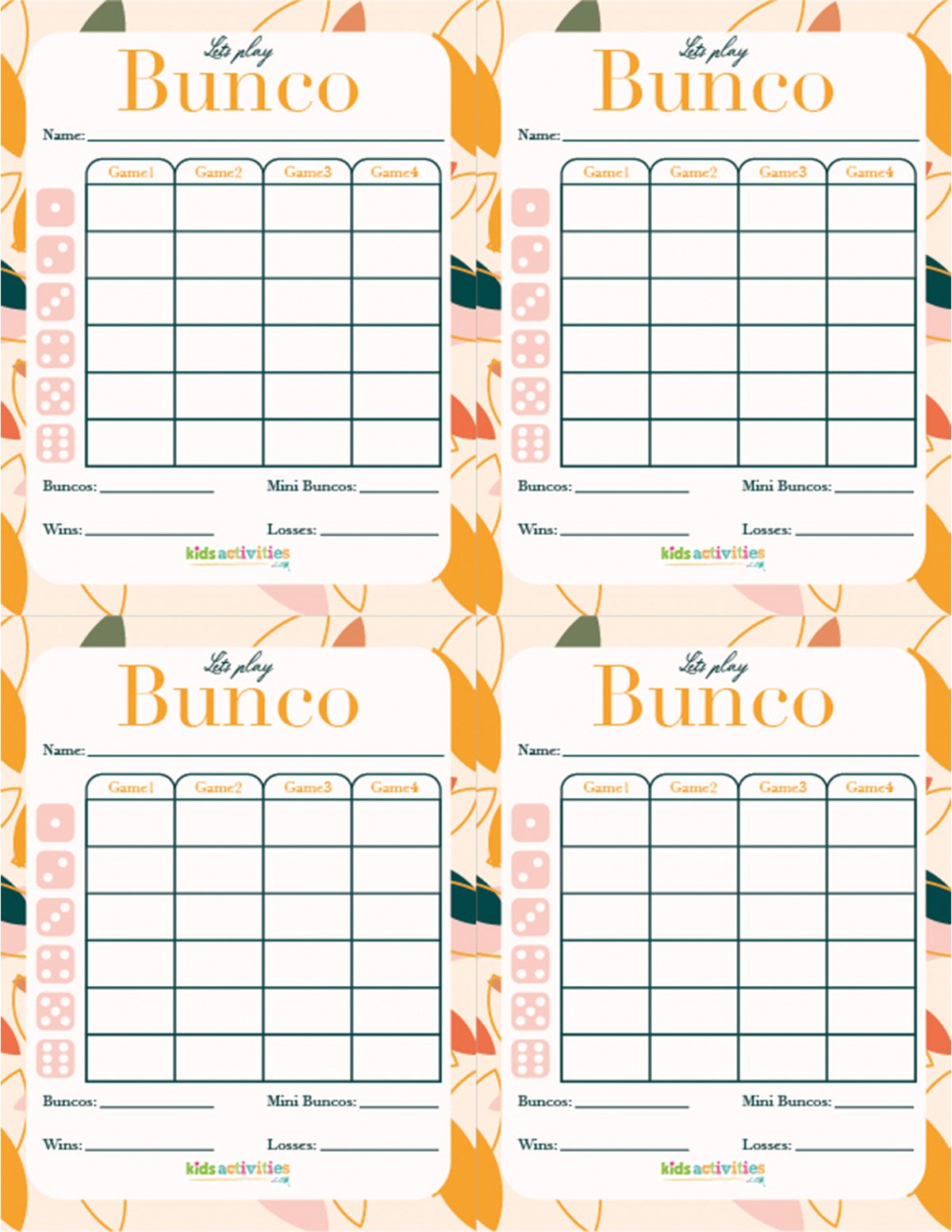 Élégante feuille de score imprimable Bunco Party avec 4 colonnes et un espace pour écrire le nom.