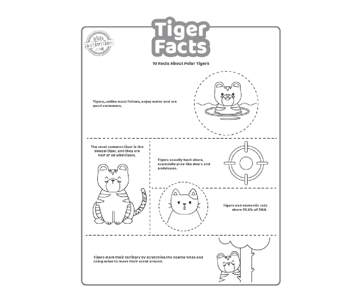 Faits sur les tigres, fichier PDF imprimé, page deux, présenté en noir et blanc, avec 5 faits intéressants pour les enfants sur les tigres