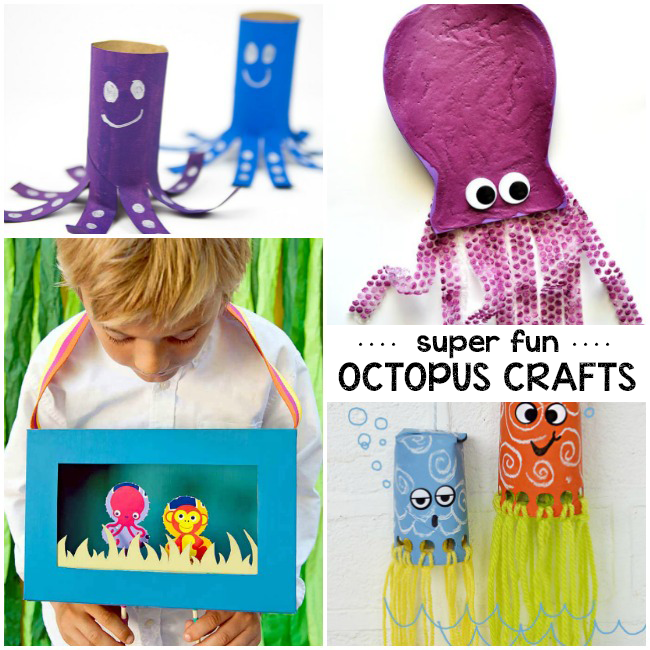 texte : Bricolages de poulpes super amusants - photos de 4 bricolages de poulpes différents pour les enfants, dont un spectacle de marionnettes marines et des bricolages de poulpes avec des rouleaux de papier toilette