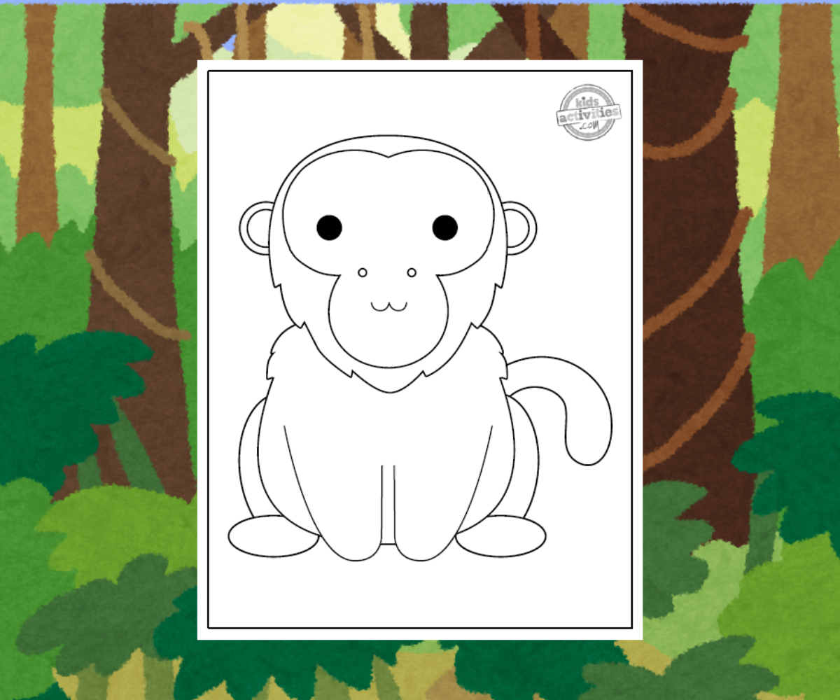 Feuille de coloriage Uakari sur fond de forêt amazonienne - blog d'activités pour enfants