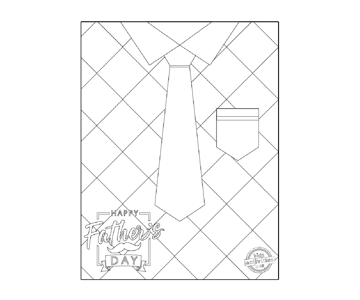 Coloriages Bonne Fête des Pères imprimés pdf feuille de coloriage noir et blanc avec chemise à carreaux et cravate avec une poche - blog d'activités pour enfants