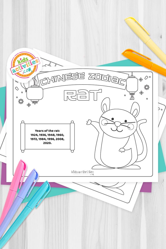 Pages à colorier de rat du zodiaque chinois imprimées en noir et blanc sur des feuilles bleu-vert et violet avec des marqueurs assortis sur un fond gris foncé. version pdf imprimée du blog d'activités pour enfants.
