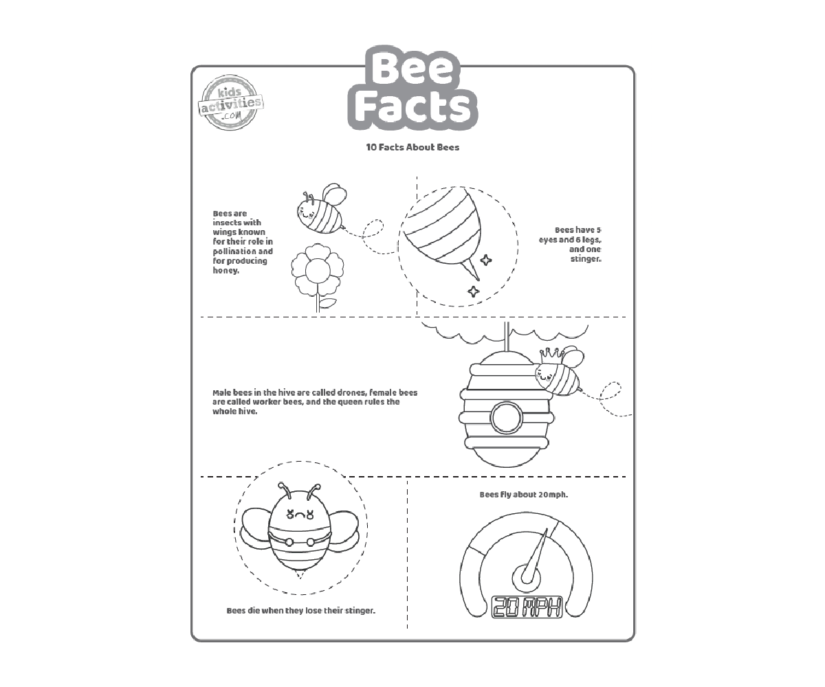 Fichier pdf imprimé de faits sur les abeilles, première page affichée en noir et blanc avec 5 faits intéressants pour les enfants sur les abeilles