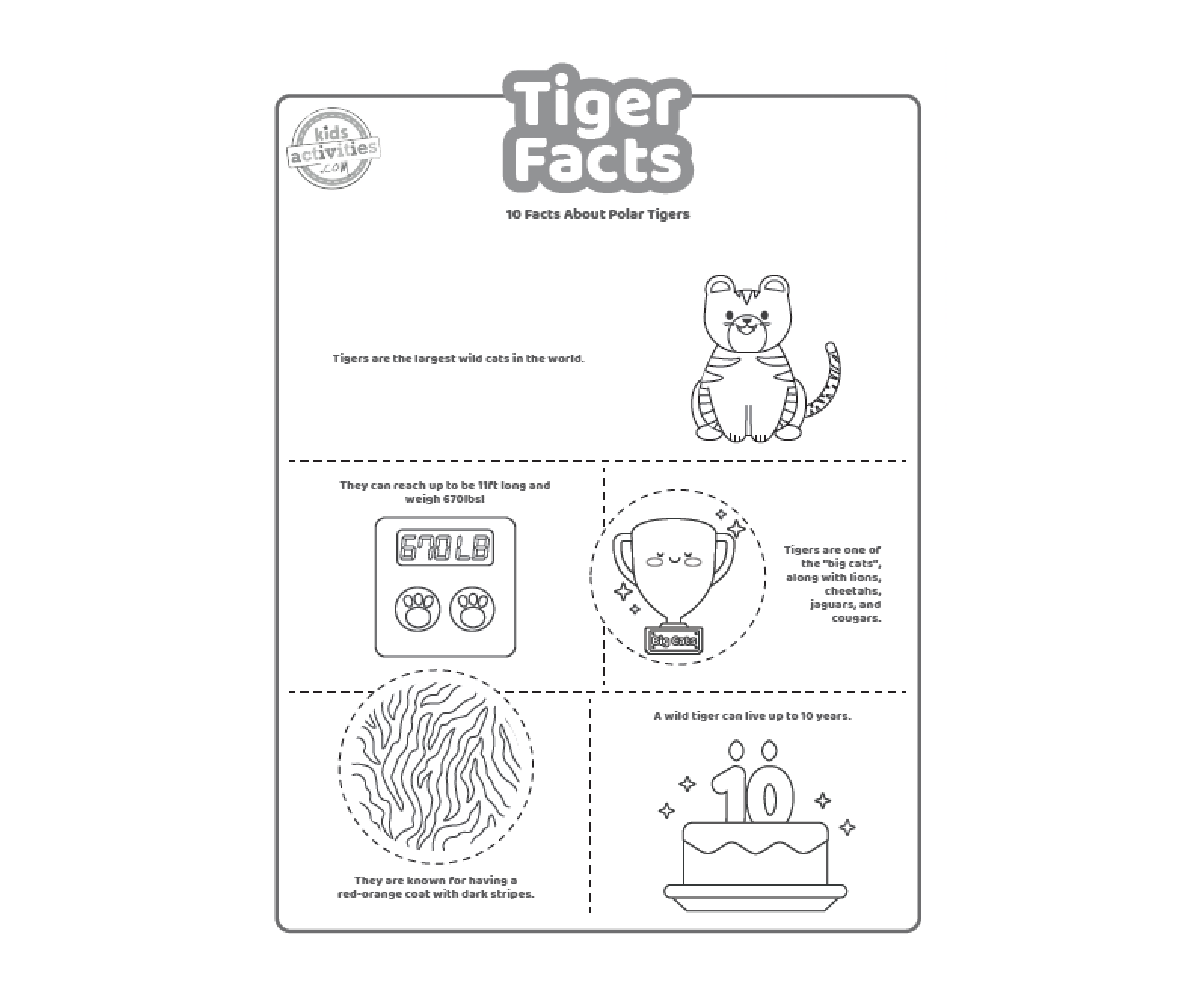 Faits sur les tigres, fichier PDF imprimé, page 1, présenté en noir et blanc avec 5 faits intéressants pour les enfants sur les tigres