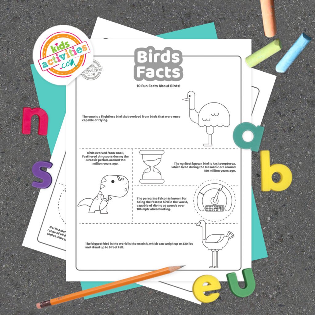 Pages à colorier en noir et blanc avec des faits sur les oiseaux posés sur une feuille bleu-vert avec des lettres multicolores sur fond gris.
