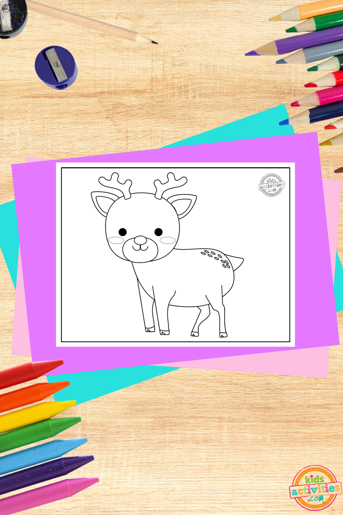 Reindeer Coloring Page- printed pdf file black and white on wooden background with coloring supplies and colorful accessories- kids activities blog